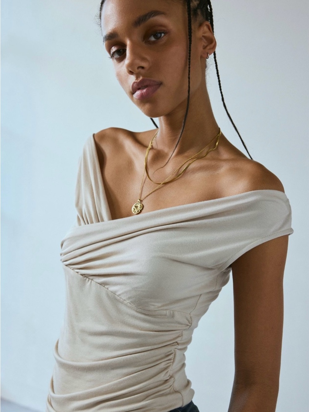Urban Outfitters Sandy Off-The-Shoulder Crop Top in Tan